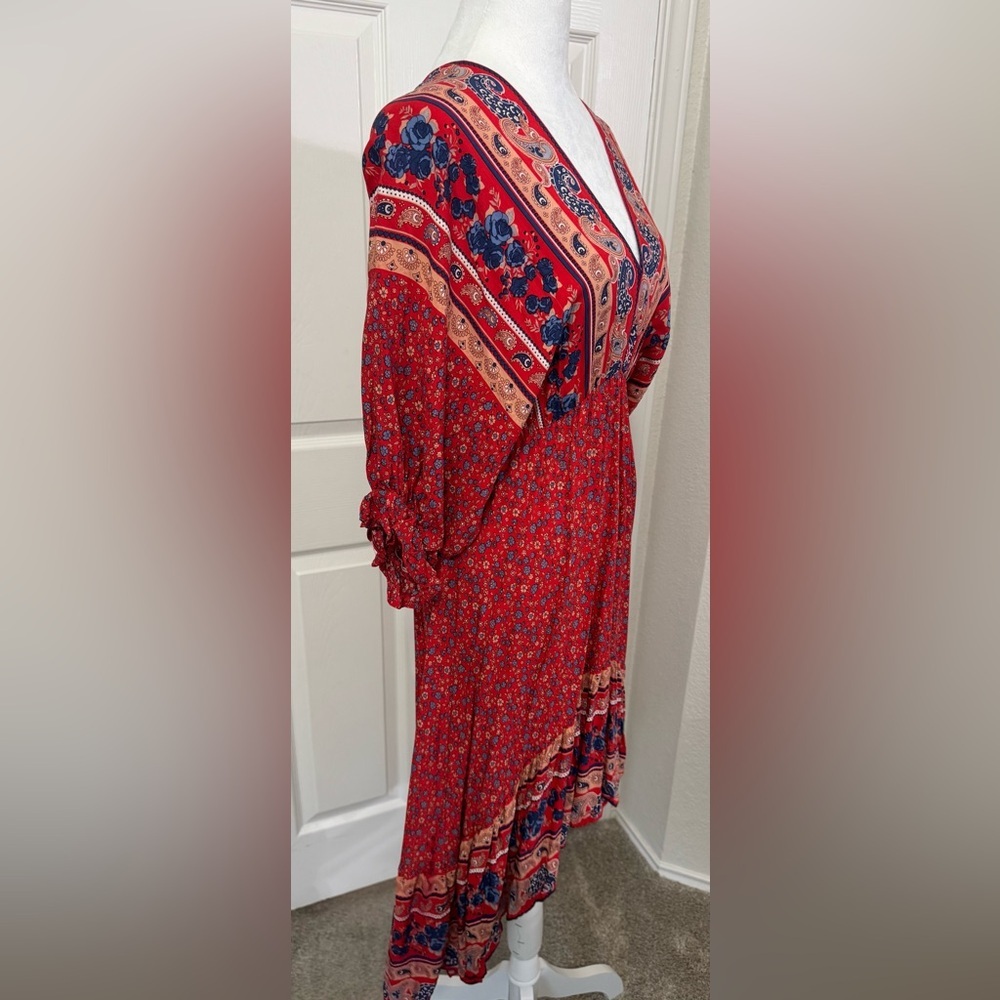 Umgee Red Boho Peasant High Low Back Tie Midi Dress Women's Size S - Picture 2 of 10